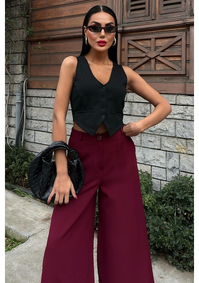 WeShaya Kadın Bordo Uzun Dokuma Bol Paça Pantolon Bordo