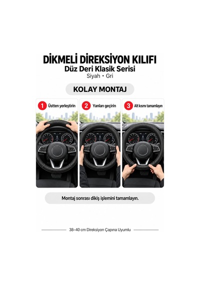 Trobus Renault Kangoo 2024 Ve Sonrası Uyumlu Dikmeli Direksiyon Kılıfı Düz Deri Klasik Siyah Gri Siyah - Gri