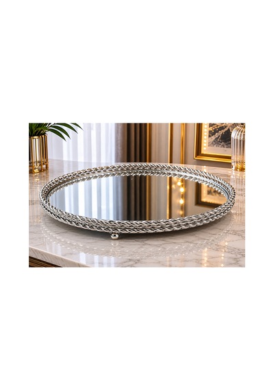 Sleep Nova 651612412 Gümüş Metal Çerçeveli Aynalı Dekoratif Tepsi 35 X 13 Cm