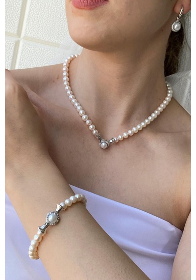 7,5 Mm Kadın Zirkon Taşlı Doğal İnci Küpe Kolye Bileklik Üçlü Set Gümüş