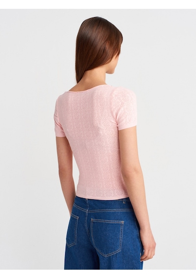 Dilvin 10755 Kısa Kollu Dantel Dokulu İnce Triko Bluz-pembe Pembe