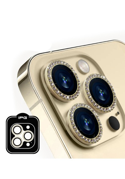 Apple Uyumlu iPhone 15 Pro / Pro Max Ipg Kamera Lens Koruyucu Taşlı - Altın