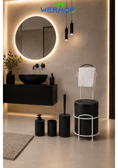 Lüks Siyah 6'lı Banyo Seti Metal Standlı Tuvalet Kağıtlığı Ve Şık Tasarım