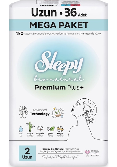 Sleepy Bio Natural Premium Plus Hijyenik Ped Mega Paket Uzun 36 Adet