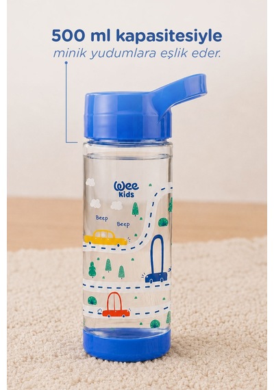 Wee Kids Arabalı Pipetli Çocuk Matarası Okul Ve Kreş Suluğu 500 Ml 12+ Ay Mavi