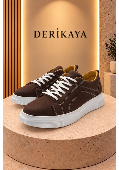 Deri Kaya Erkek Nubuk Deri Bağcıklı Günlük Sneaker Spor Ayakkabı Kahverengi