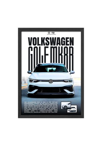 Volkswagen Golf Mk 8 R Siyah Ahşap Çerçeveli Poster, Dekoratif Araba Duvar Tablosu