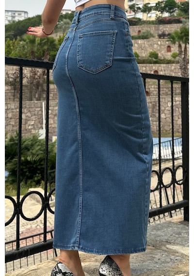 Vikings Jeans Kadın Maxi Denim Etek Likralı Önden Yırtmaçlı Yüksek Bel Mavı Mavi