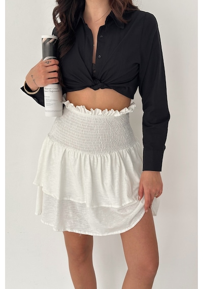 Kadın Katlı Smock Bel Mini Short Etek Summer Layers Beyaz