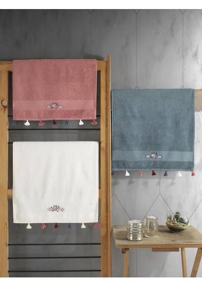Cotton Box %100 Pamuk 3'lü Nakışlı Püsküllü Havlu Seti G.Kurusu-E