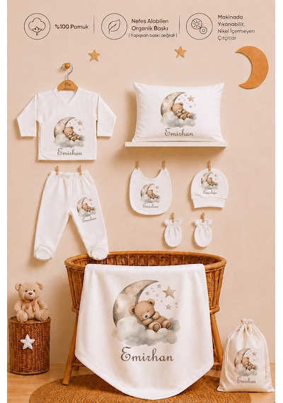 Pia Baby İsme Özel Kız Bebek Zıbın Seti 8 Parça %100 Pamuk Hastane Çıkışı Keseli Hediye Seti 1051zybk0x Krem