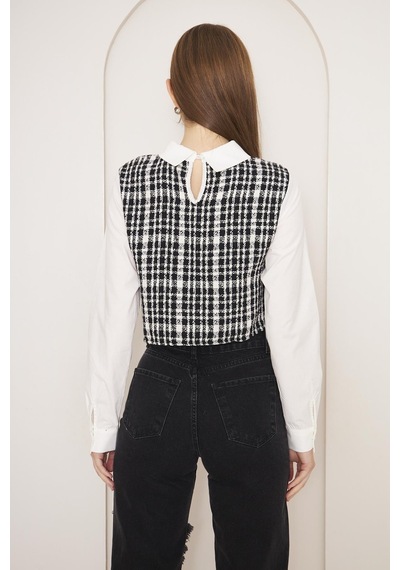 Darlin Moda Siyah Tweed Gömlek Yaka Crop Bluz Dm9002 Siyah