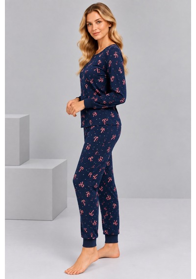 Pijamask Kadın Lacivert Baston Şeker Desenli Pamuklu Pijama Takımı Lacivert