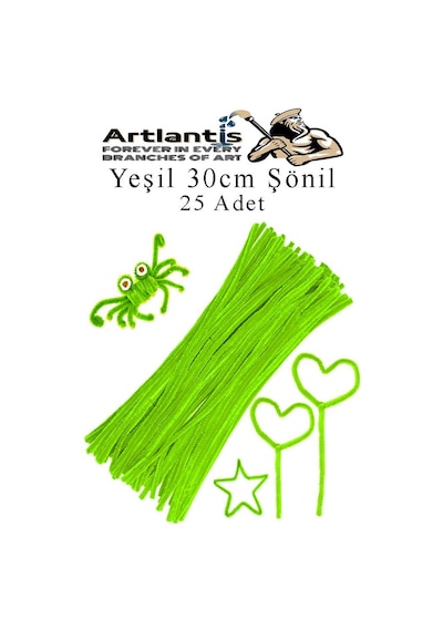 Şönil 30 Cm 25 Li 1 Paket Renkli Tüylü Tel Okul Öncesi Anasınıfı Kreş Hobi Eğitici Şönil Pipo Temizleyici Tüylü Tel Yeşil