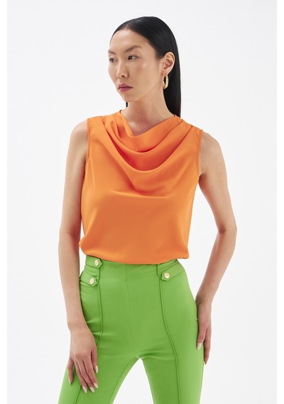Sateen Degaje Yaka Kolsuz Bluz - Oranj
