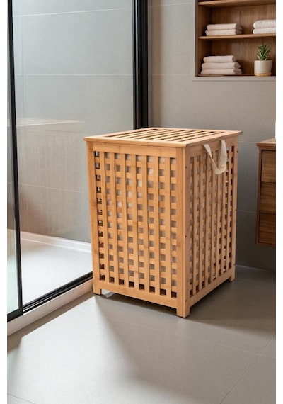 Digithome Bambu Çamaşır Sepeti 58x40 Cm Kulplu Taşınabilir Bezli Db-0042 Kahverengi