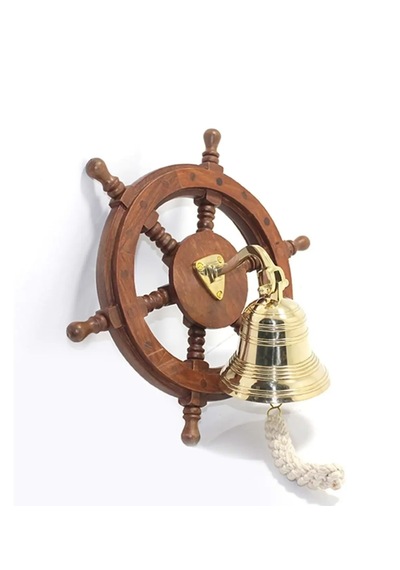 Sea Power Ağaç Dümen Panolu Pirinç Çan Gemici Duvar Çanı 30cm