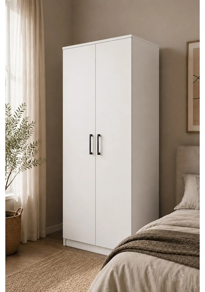 2 Kapaklı 175 Cm 4 Raflı Modern Gardırop Çok Amaçlı Yüklük Düzenleyici Dolap Beyaz