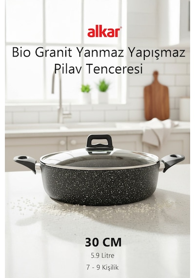 Bio Granit Yanmaz Yapışmaz Pilav Tenceresi Sağlıklı Dayanıklı Ve Kolay Temizlenen Pilavlık Siyah