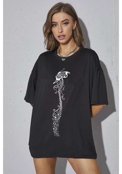 Flood Of Style Unisex Butterfly Song Baskılı T-shirt Siyah