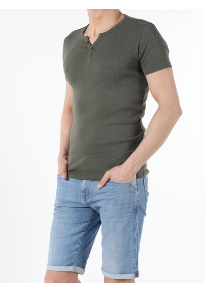 Colin'S Slim Fit Placket Neck Basic Haki Erkek Kısa Kol Tişört Cl1040245_Q1.V2_Kml Haki