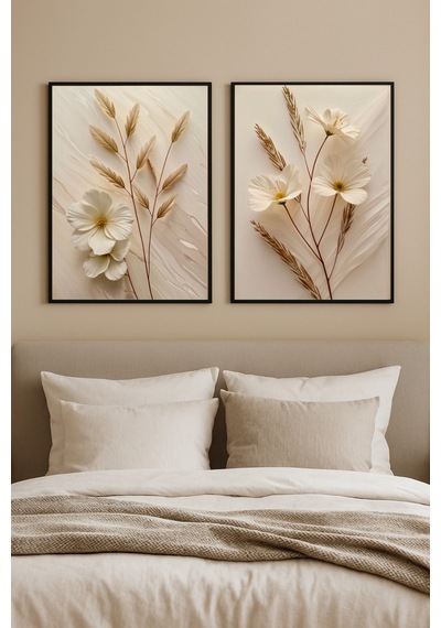 Stillbloom - Gerçek Cama Baskılı Siyah Alüminyum Metal Çerçeveli 2'li Set Dekoratif Cam Tablo