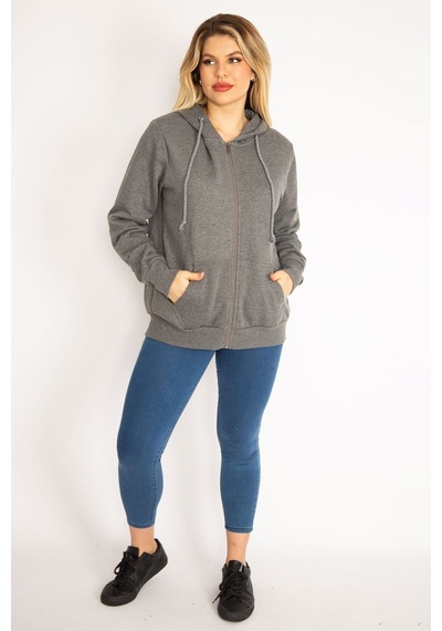 Şans Kadın Gri Sırtı Çift Fermuar ve Çıtçıt Düğme ve Ön Fermuarlı İçi Şardonlu Sweatshirt 65n35069-gri Gri