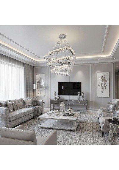 Simet 3 Katlı Kristal Taşlı Krom Ledli Avize