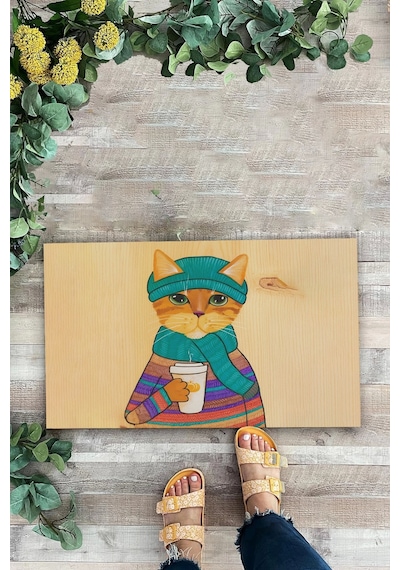 Valerine Life Kedilatte Parke Desenli Krem Rengi Welcome Hoş Geldiniz Kapı Önü Paspası 45x70cm Kahverengi