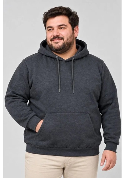 Suma Füme Erkek Kapüşonlu Kanguru Cepli Şardonlu Büyük Beden Sweatshirt