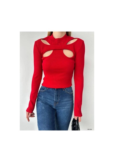 Angbutik Kadın El Emeği Dik Yaka Uzun Kol Smock Bluz Kırmızı