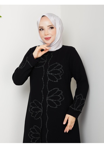 Eslemnur Lotus Çiçek Taşlı Büyük Beden Anne Elbisesi Siyah