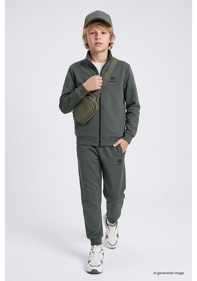 TOMMYLIFE Haki Standart Fit Basic Dik Yaka Jogger Erkek Çocuk Eşofman Takım - 11327