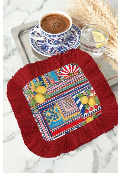 Akdeniz Limonlu Mozaik Saçaklı Sunum Peçetesi - Canlı Patchwork Rustik Kırmızı Bardak Altlığı Mendil Çok Renkli