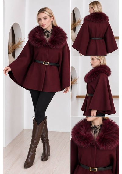 Moda Banuş Kürk Yaka Kemerli Kaşe Panço Bordo
