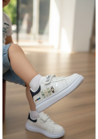 Enoch Karakter Figürlü Cırt Cırtlı Çocuk Sneaker Beyaz - Siyah