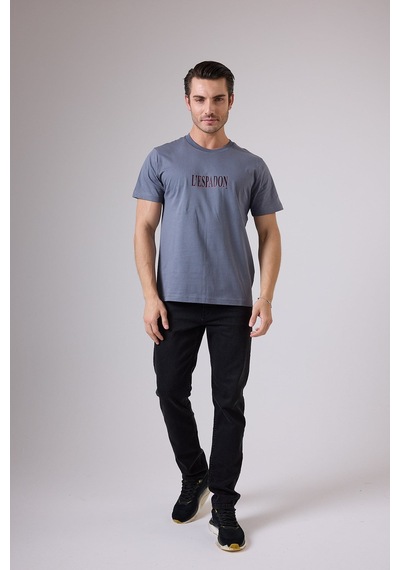 Marıne Tee Deniz Temalı Ribana Bisiklet Yaka Pamuk T-shirt-3122 Soluk Arduvaz Mavisi