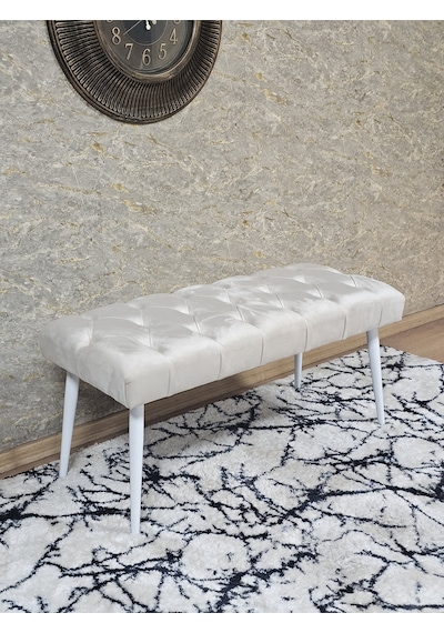 Zafir Beyaz Boyalı Sivriltme Ayaklı 90 Cm Puf Bench - Puf - Bench - Kasalı Oturak - Oturak - Yatak Ucu Puf Krem