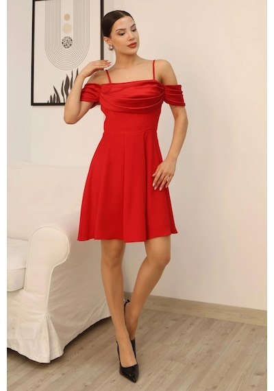 Lodmela Drape Detaylı Askılı Midi Elbise 2380-kırmızı Kırmızı