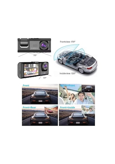 Siyah 1080p Araç İçi 3 Kameralı Lcd Ekranlı Gece Görüşlü , G-sensör , Geri Görüş Kamera
