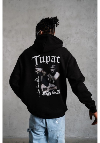 Erkek Kapüşonlu Kanguru Cepli Sweatshirt 3 İplik Pamuklu Baskılı Hoodie - Siyah