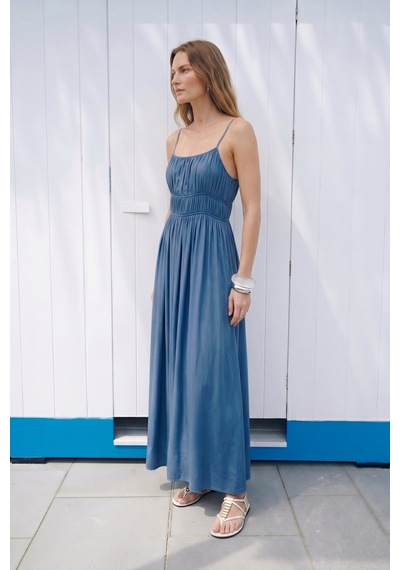 Sateen Askılı Uzun Elbise - İndigo-137496 Indigo Sateen Askılı Uzun Elbise - İndigo-137496 Indigo