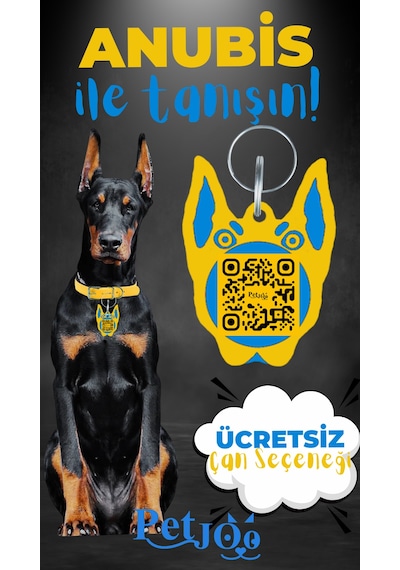 Petjoo 30.Anubis Mavi-Sarı Qr'lı Köpek Künyesi