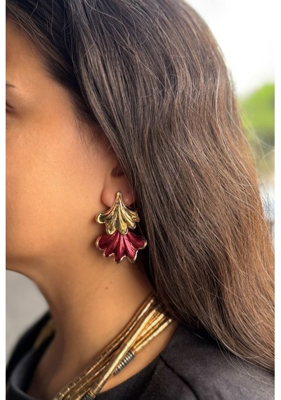 Bordo Gold Yaprak Küpe Çok Renkli