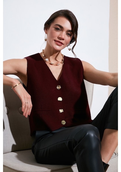 Lela Standart Fit V Yaka Düğmeli Triko Bayan Yelek 4616177 Bordo