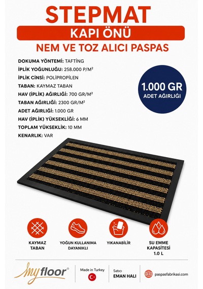 Nem Alıcı Toz Tutucu Çamur Sıyırıcı Pvc Taban Ve Pvc Bordürlü Sentetik Fırça Dokulu Siyah&bej Çizgili Halılı Kapı Önü Paspası Bej - Siyah