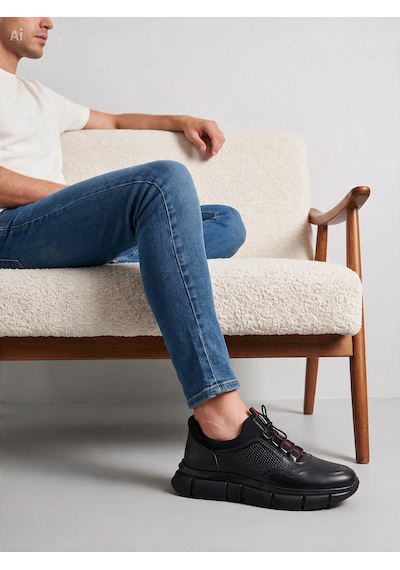 Aren Hakiki Deri Günlük Kullanım Erkek Sneaker Günlük Ayakkabı siyah