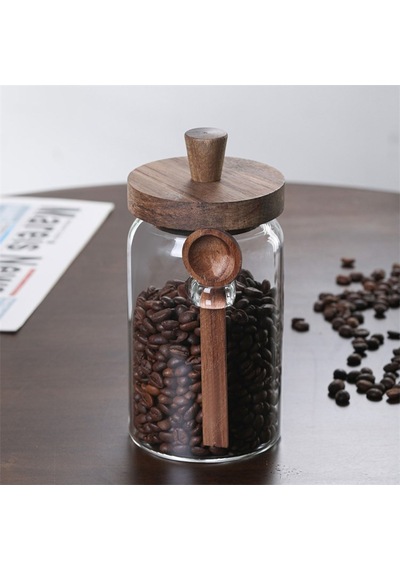 Qerhome 2'li Borosilikat Cam Akasya Kapaklı Ve Akasya Kaşıklı Cam Kavanoz Seti 450 Ml - 550 Ml Şeffaf