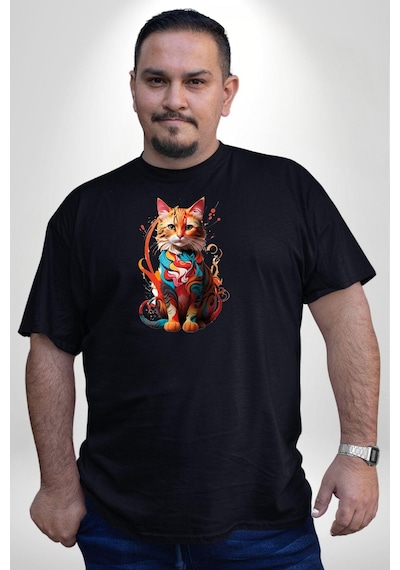 Angemiel Renkli Yağlı Boya Kedi Siyah Büyük Beden Erkek Kadın Unisex Basic Ön Baskılı Tişört Siyah