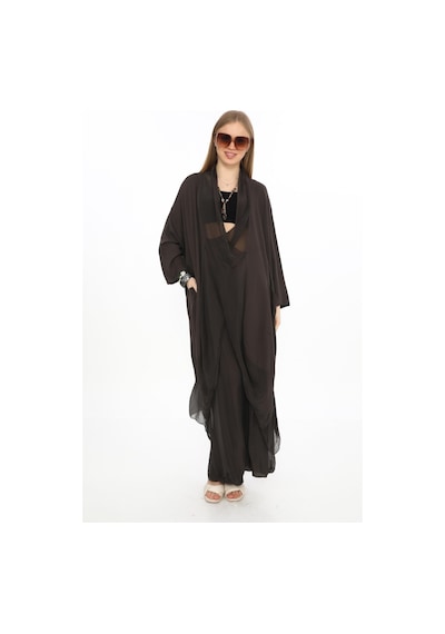 Bohem Stil Italyan Ipek Detaylı Oversize Kap Bluz- Wes Pantolon Takım-8863 Koyu Kahve Kahverengi